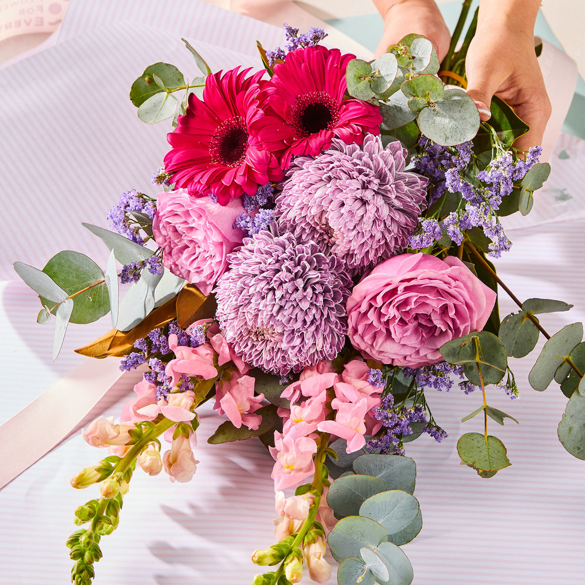 LAVANDER BLISS BOUQUET with pink roses gerberas chrysanthemums purple filler and eucalyptus for birthday flowers graduation flowers and same day delivery flowers