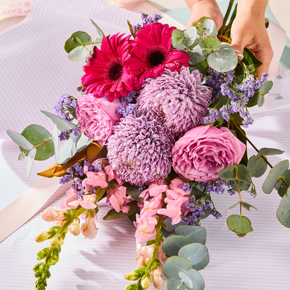LAVANDER BLISS BOUQUET with pink roses gerberas chrysanthemums purple filler and eucalyptus for birthday flowers graduation flowers and same day delivery flowers