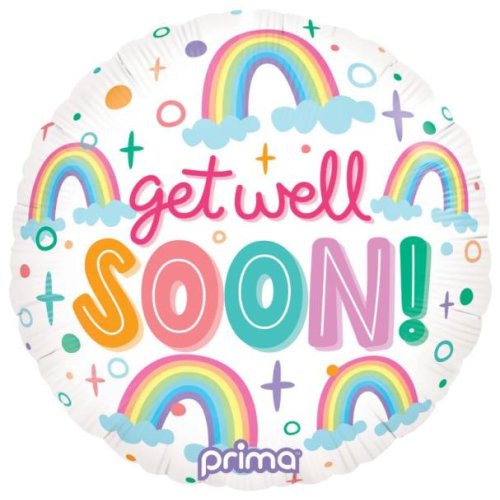 Get Well Soon Balloon with colourful rainbow designs and a cheerful message for hospital gifting and same-day delivery from Flowers for Everyone