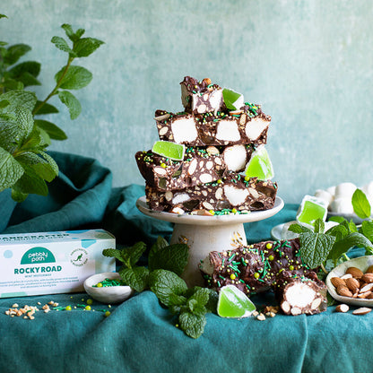 Mint Motorway Rocky Road chocolate slice stack with mint pieces marshmallows lime wedges and colourful sprinkles styled as a sweet treat gift