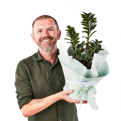 Potted Zanzibar plant gift wrapped in soft green paper and ribbon held by a smiling florist for a thoughtful Plants gift delivery
