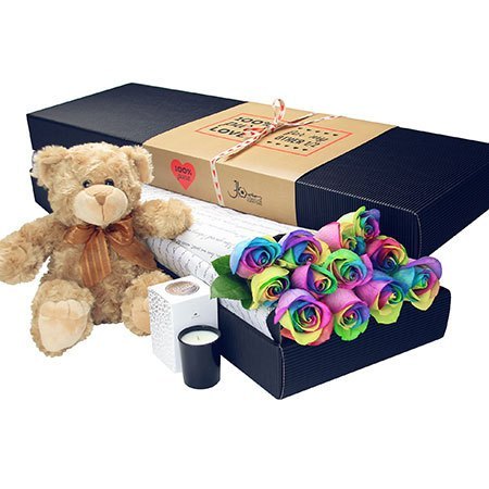 12 Long Stem Rainbow Roses with Love Bear (Sydney Only)