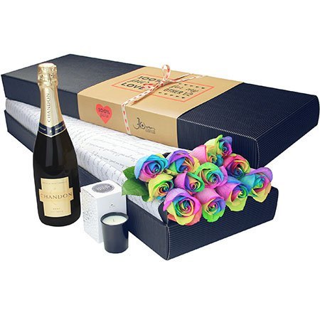 12 Long Stem Rainbow Roses and Bubbly (Sydney Only)