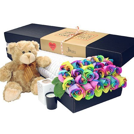 24 Long Stem Rainbow Roses and Love Bear (Sydney Only)