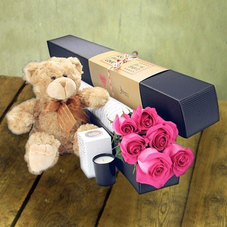 6 Long Stem Pink Roses and Love Bear