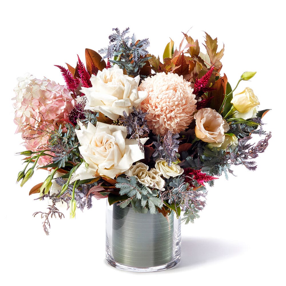 Autumn Jewel: Vase of Roses, Hydrangea & Lisianthus
