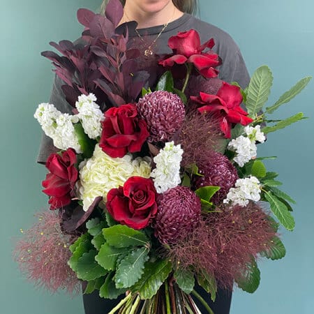 Christmas Flower Bouquet with King Protea, Red Roses & Smoke Bush
