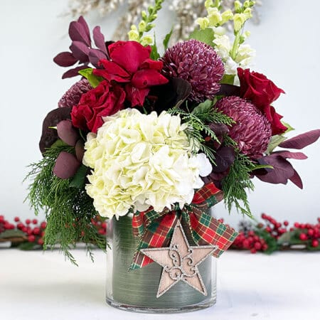 Christmas Flowers in Vase with Red Roses & White Hydrangea Delivered Sydney