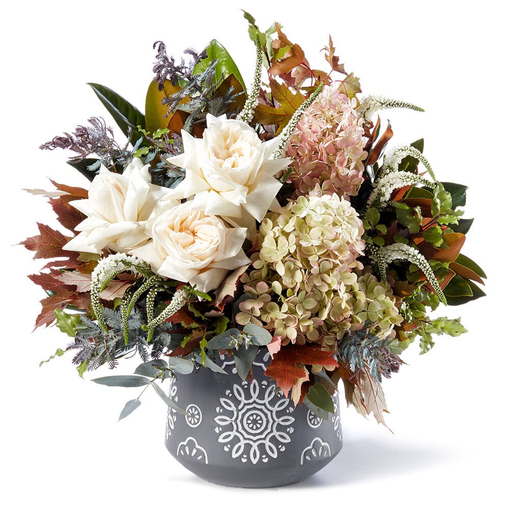 Desert Beauty: Pot of Premium White Roses & Hydrangea
