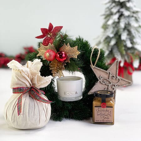 Christmas Hamper with Pudding, Candle & Evergreen Wreath
