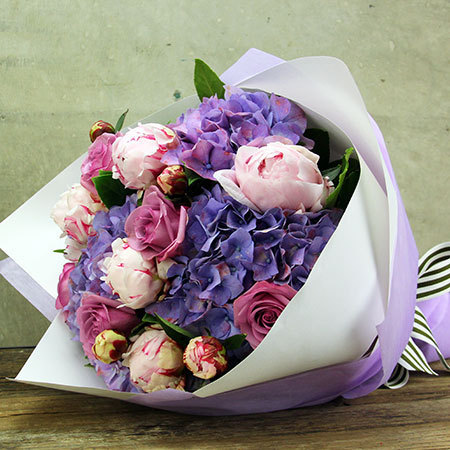 Blue hydrangea, rose and peony flower bouquet delivered in Sydney