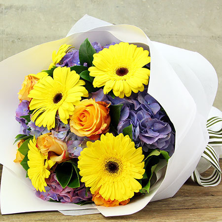 Hydrangea Sunshine Bouquet with Roses and Bright Gerberas Delivered