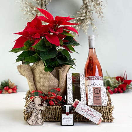 Christmas Basket with Poinsettia Plant, Pudding, & Wine 