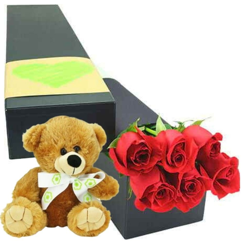 6 Long Stem Red Roses and Teddy Bear for Valentine`s Day