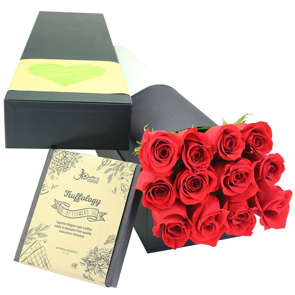 12 Red Roses and Chocolate for Valentine`s Day