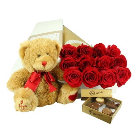 One Dozen Valentines Day Roses Teddy and Chocolates 