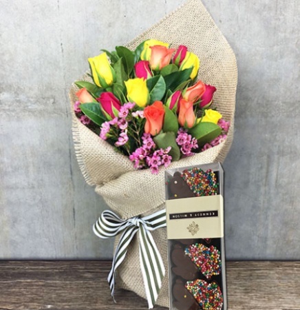 Mixed Rose Posy with Freckle Bunnies (Sydney Only)