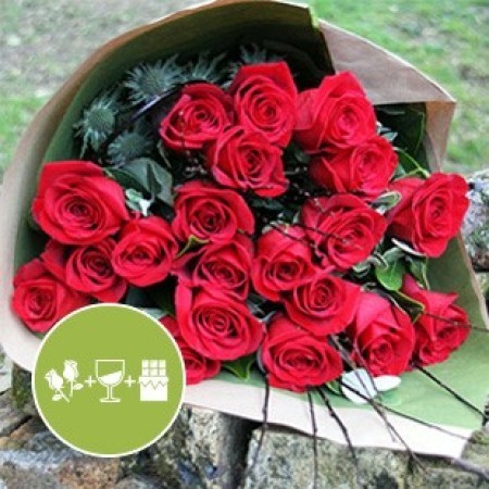 Moulin Rouge Medley - Red rose bouquet with chocolates and wine
