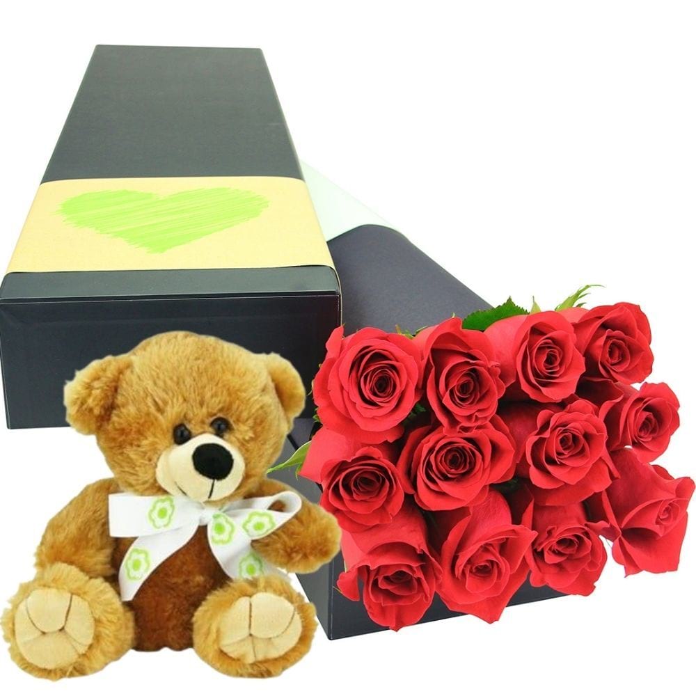 12 Red Roses with Teddy Bear for Valentine`s Day