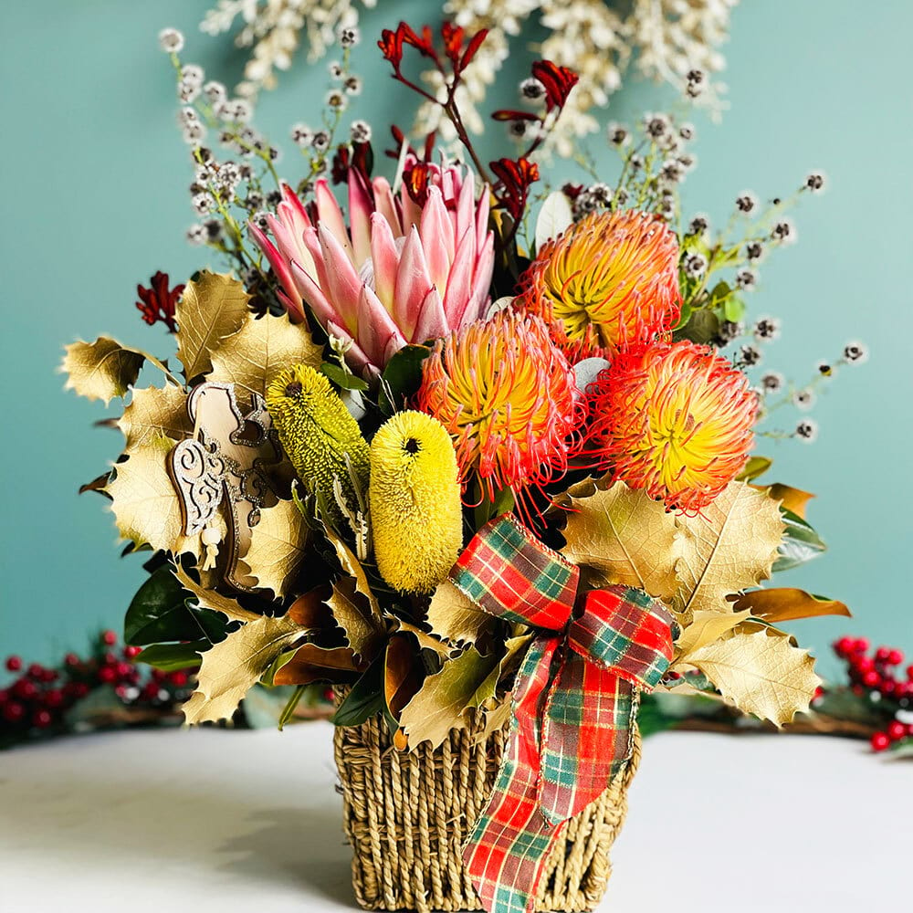 Native Christmas Basket with Kangaroo Paw, Banksias and Protea