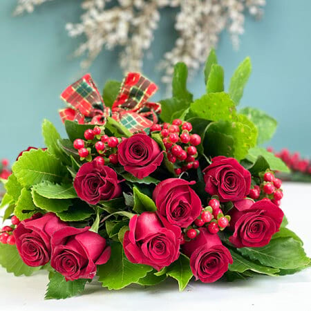Rosy Christmas Red Rose and Berry Bouquet