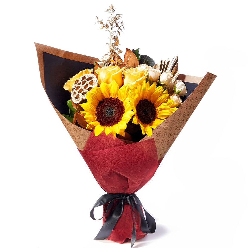 Sahara Sun: Sunflower Bouquet with Roses & Lotus Pods
