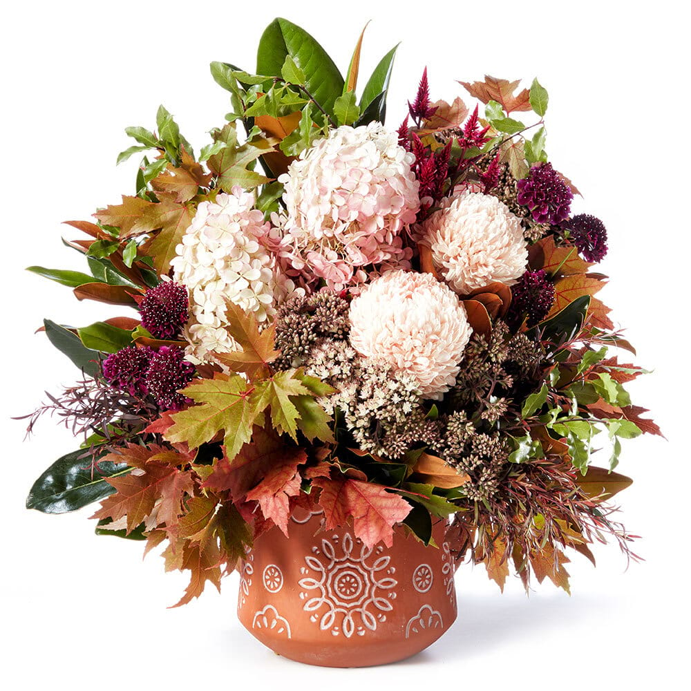 Spice Queen: Stunning Flower Pot with Chrysanthemums, Hydrangea & Maple Leaves