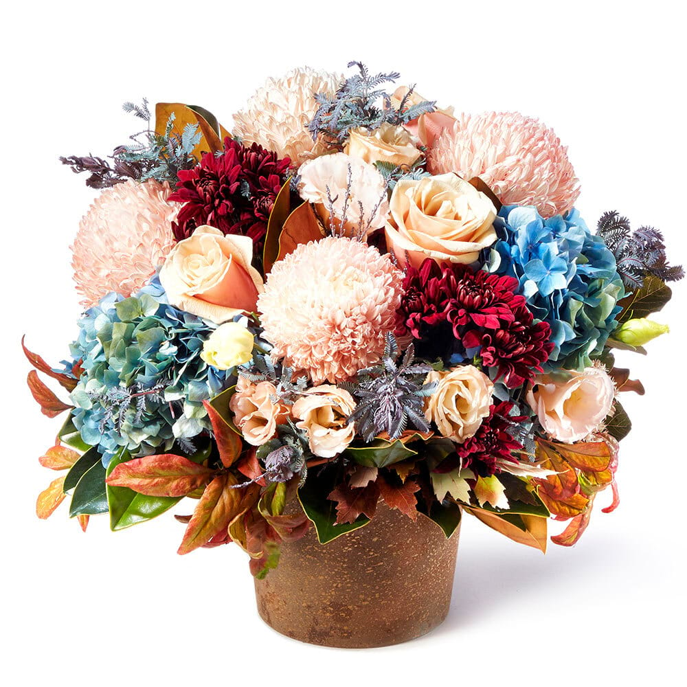 Wind and Fire: Golden Pot with Antique Pink Chrysanthemums, Roses & Blue Hydrangea