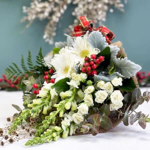 Pretty Christmas Posy with Roses, Gerberas & Red Berries
